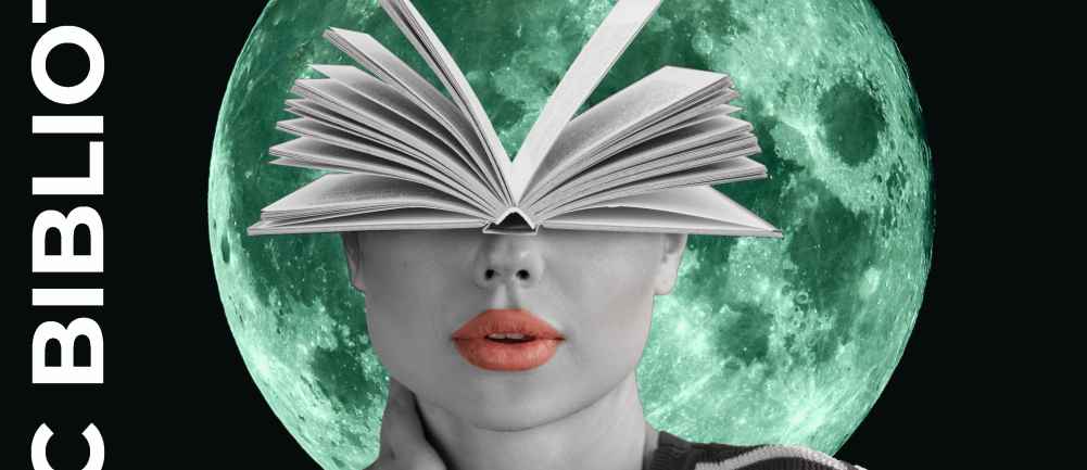 Kobieta, która zamiast górnej połowy głowy ma otwartą książkę. Za nią widać zielony księżyc. 
