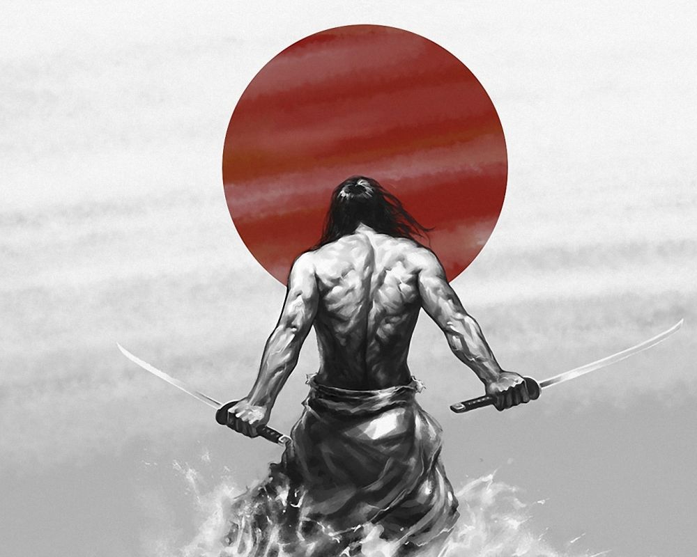 Odwrócony plecami umięśniony wojownik trzymający w rękach dwa miecze na tle japońskiej flagi 